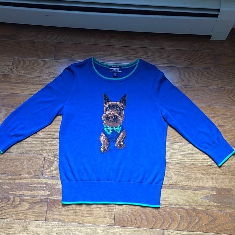 LANDS END Harbor Blue Dapper Dog Schnauzer Crewneck Green Size Small Womens